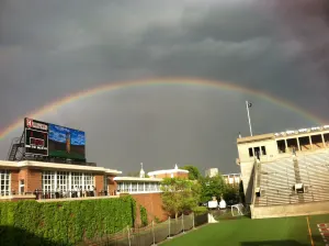 A rainbow over the stadium field before the tailgate