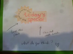 An early sketch of the Today's Special logo with handwritten notes asking what do you think