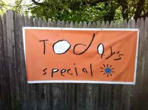 The hand-painted orange Today's Special banner hanging on a wooden fence