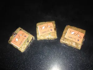 Three individually wrapped blondies with early hand-drawn Today's Special labels